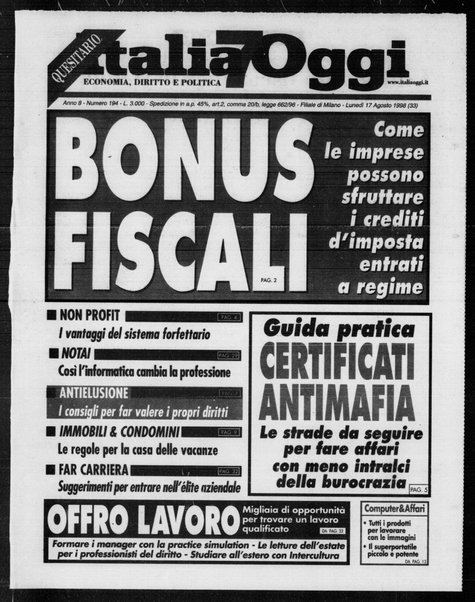 Italia oggi : quotidiano di economia finanza e politica